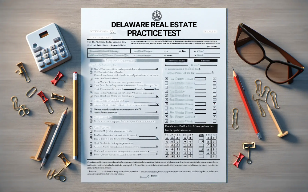 Top shot of a Delaware real estate license practice test on a table with pens, pencils, and a calculator.